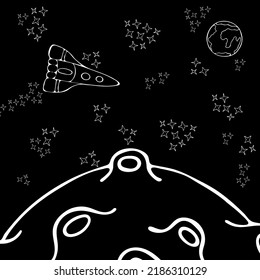 Fantasy Space Illustration auf schwarzem Hintergrund. Skizze Vektordesign-Illustration. Himmelshintergrund. Wissenschaftstechnologie.