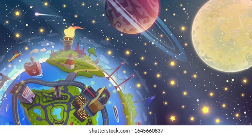 Fantasy space landscape with magic 3d Earth over night sky with stars, Moon and planets illustration in vector, globe drawing over dark cosmos in cartoon style.