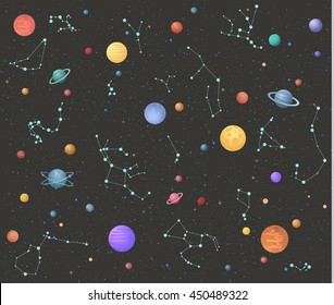 Fantasy space pattern with planets and constellations