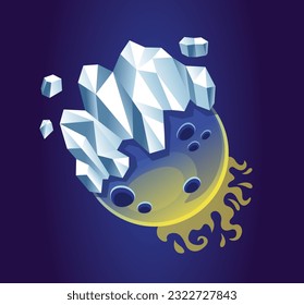 Planeta espacial fantástico. Esfera mística ajena con cristales o hielo y gas. Estrellas, universo y galaxia. Objeto cósmico para juegos y sitio web. Dibujo vectorial plano de dibujos animados aislado en fondo oscuro