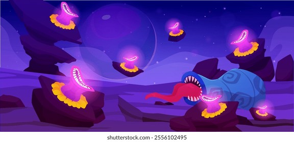 Fantasy space planet landscape with monster plant with trap. Cartoon magic dangerous flowers predator with mouth, teeth and tongue sticking out. Alien creature on desert surface with rocks flat vector