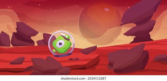 Fantasie Weltraum Planeten Landschaft mit UFO. Freundliche außerirdische Charakter Kreatur mit Auge und Lächeln in Helm Raumanzug. Außerirdische Invasion auf roter Wüstenoberfläche mit Felsen. Cartoon, Vektor Spiel Hintergrund