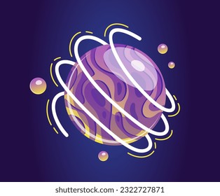 Fantasy space planet. Purple alien rotating sphere with rings and satellites. Universe, stars and galaxy. Cosmic element for game design. Cartoon flat vector illustration isolated on dark background