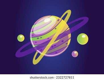 Fantasy space planet. Striped cosmic sphere or jupiter with rings and satellites. Alien universe element for apps and game design. Cartoon flat vector illustration isolated on dark background