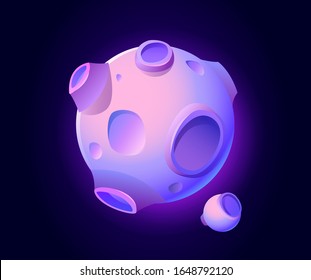 Fantasy space planet for ui galaxy game. Vector cartoon icon of magic alien world, fantastic cosmic object with stone crater, holes and satellite. Fantastic astronomy collection