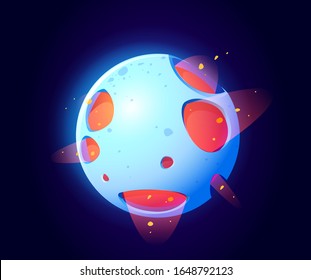 Fantasy space planet for ui galaxy game. Vector cartoon icon of magic alien world, fantastic cosmic stone object with liquid fiery core, holes. Fantastic astronomy collection