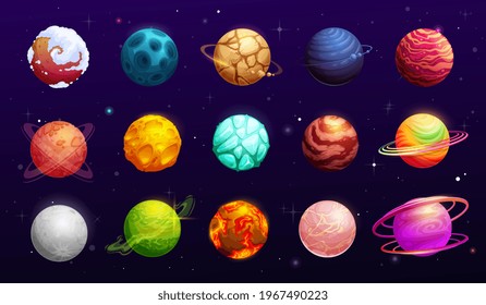 Fantasy space planets of cartoon alien galaxy, vector ui or gui for space games. Fantastic universe dark cosmos, another world planets and stars with asteroids, halo, meteors and clouds on orbits