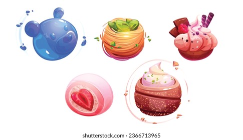 Fantasy-Weltraumplaneten in Form von süßen Desserts. Cartoon-Spiel-Objekte aus Kuchen und Bäckereien mit Gelee und Schokolade. Zucker kindliche Galaxie Elemente Süßwaren und Gebäck Ball.