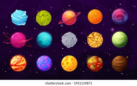 Fantasy space planets, stars and asteroids cartoon vector set. Alien worlds, planets with craters, cracks and lava on surface, orbital rings vector. User GUI, UI graphic interfaces and game elements