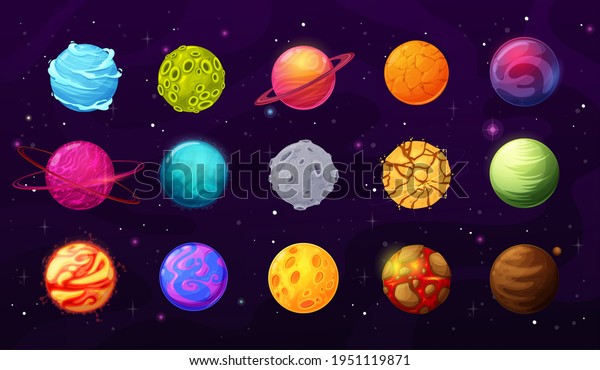 Fantasy space planets, stars and asteroids\
cartoon vector set. Alien worlds, planets with craters, cracks and\
lava on surface, orbital rings vector. User GUI, UI graphic\
interfaces and game\
elements