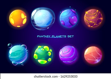 Fantasy Space Planets For Ui Galaxy Game. Vector Cartoon Icons Set Of Magic Alien World, Fantastic Cosmic Objects With Bubbles, Ice Cover, Holes And Spiral. Fantastic Astronomy Collection