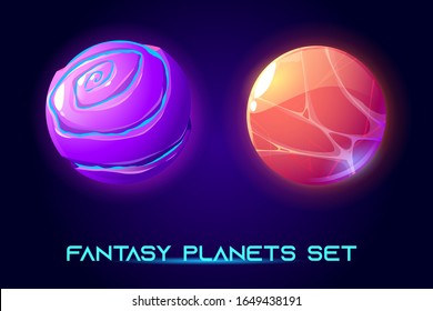 Fantasy space planets for ui galaxy game. Vector cartoon icons set of magic alien world, fantastic cosmic objects with liquid core, holes and spiral. Fantastic astronomy collection