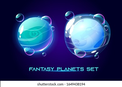 Fantasía planetas espaciales para nuestro juego de galaxia. Iconos vectoriales de mundo alienígena mágico, fantásticos objetos cósmicos con burbujas de jabón y atmósfera, núcleo líquido. Fantástica colección de astronomía