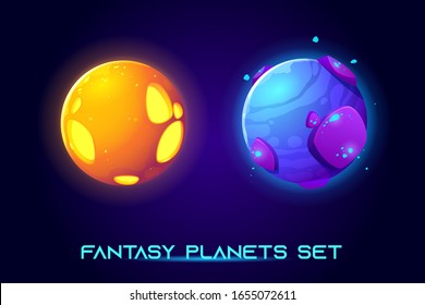 Fantasy space planets for ui galaxy game. Vector cartoon icons set of magic alien world, fantastic cosmic objects with stones, liquid core, holes. Fantastic astronomy collection
