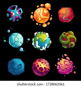 Fantasy Space Planets For Ui Galaxy Game. Vector Cartoon Icons Set Of Magic Alien World And Earth, Fantastic Cosmic Objects With Bubbles, Craters, Holes And Spiral. Fantastic Astronomy Collection