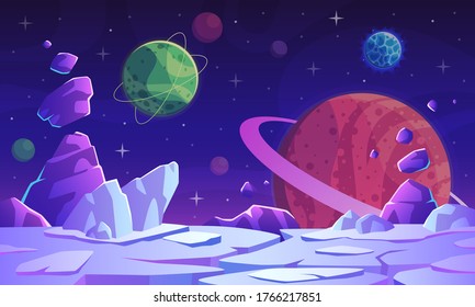 Fantasy Space Scene. Extraterrestrial Landscape With Colorful Vivid Planets, Craters, Stars And Comet Fantastic Mystery World, Game Vector Futuristic Background