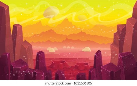 Fantasy Space Station On Mars, Vector Cartoon Landscape. Background For Games And Mobile Applications.