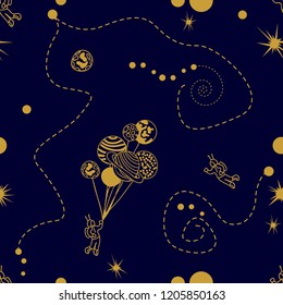 Fantasy space travel. Seamless vector pattern with astronaut, stars, planets and abstract cosmologic symbols on black background.