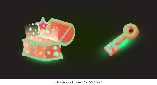 fantasy space treasure Chest box and keys elements for 2d games vector illustration