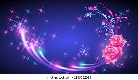 Fantasy sparkling background with pink roses and glowing stars