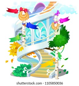 Fantasy spiral staircase on the theme of the village isolated on white background. Vector cartoon close-up illustration.