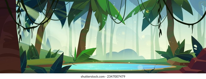 Fantasy spooky green jungle forest background with palm tree and tropic liana stem. Mystery rainforest illustration picture for adventure game environment. Lake water with rock scene nature wallpaper