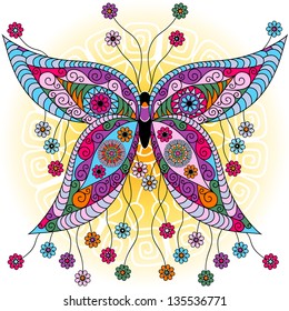 Fantasy spring vintage colorful butterfly with flowers on sunny background (vector)