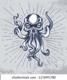 Fantasy squid creature with skull head on grunge background and star rays. Vector illustration in engraving technique for posters, t-shirt prints, tattoo, labels and stickers.