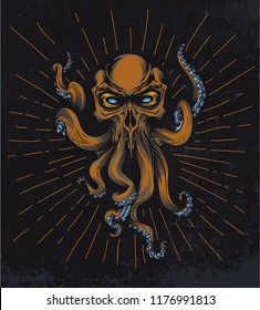 Fantasy squid creature with skull head on grunge background and star rays. Vector illustration in engraving technique for posters, t-shirt prints, tattoo, labels and stickers.