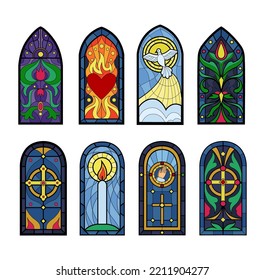 Fantasy stained-glass windows. Book print. Renaissance architecture cathedrals. Art gothic paper. Ancient shapes. Medieval church mosaic glasses set. Vector abstract tidy silhouettes