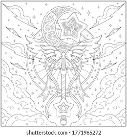 Fantasy Star And Moon Key With Ribbon, Adult And Kid Coloring Page In Stylish Vector Illustration For Education And Learning