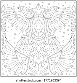 Fantasy star wing jewel, Adult and kid coloring page in stylish vector illustration for education and learning