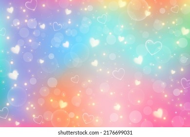Fantasy stars unicorn abstract background with stars and hearts. Purple rainbow sky with glitter. Pastel color candy wallpaper. Vector magic illustration.