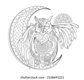 Fantasy steampunk owl. Coloring book for children and adults. Illustration in zentangle style. Printable page for drawing and meditation. Black and white vector for decoration, t-shirts, tattoo.