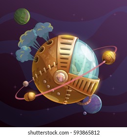 Fantasy steampunk planet on space background. Vector illustration.