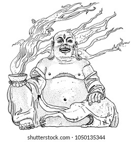 Fantasy stone Budai, Hotei or fat Buddha, asian folkloric deity with a steaming cup, gesture of metal horns and the third Eye. Hand drawn black and white vector illustration. Rock, heavy metal design.