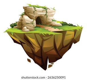 Fantasy stone cave on a floating island with grass and rocky entrance. Vector cartoon illustration