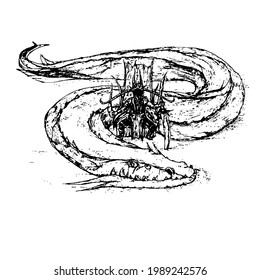 Fantasy story, fairy tale, warrior and giant snake. Hand drawn vector illustration, ink pen drawing, isolated black on white background