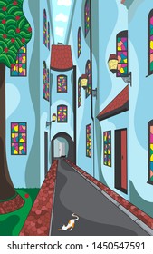 fantasy street vector european facade colorful ,narrow streets of europe and walk cats 