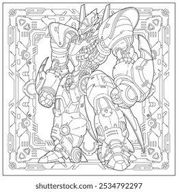 Fantasy strong mecha robot in big body armor. Learning and education coloring page illustration for adult and children. Vector outline style, black and white drawing for various purposes.