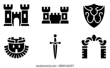Fantasy stronghold elements featuring stone towers fortified walls decorated shield dagger weapon royal entrance.