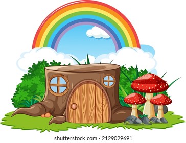 Fantasy stump house with rainbow in the sky  illustration