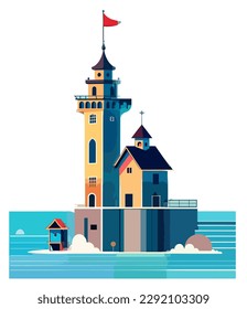 Fantasy style castle tower or lighthouse on a island. Huge lighthouse and small houses at its foot on a white background