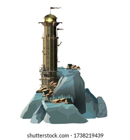 Fantasy style epic military lighthouse on a blue rocky island and near a small village. Huge lighthouse and small houses at its foot on a white background