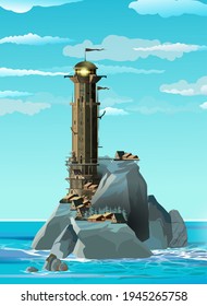 Fantasy style epic military lighthouse on a blue rocky island and near a small village. Huge lighthouse and small houses, Navigation Beacon building in ocean