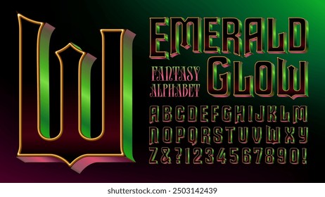 A fantasy style font with metallic reflections in emerald green and magenta.