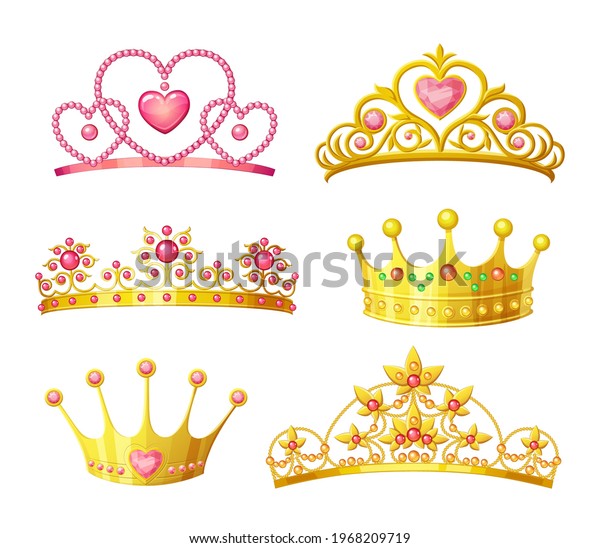 Fantasy style pink and gold tiara vector icons\
collectiion. Set of queen or princess elegant crowns isolated on\
white background