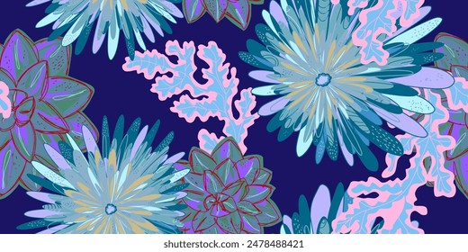 Fantasy stylized blooming floral pattern with chrysanthemum flowers, seamless endless vector rapport with overlapping pattern