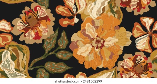 Fantasy stylized blooming floral pattern with peonies flowers, seamless endless vector rapport with overlapping pattern