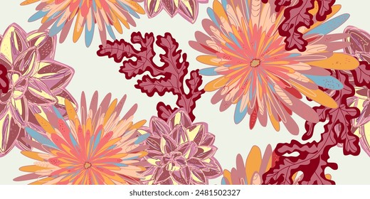 Fantasy stylized blooming floral pattern with chrysanthemum flowers, seamless endless vector rapport with overlapping pattern